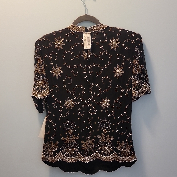 Laurence Kazar Black Beaded Embellished Short Sleeve Top - Picture 2 of 9